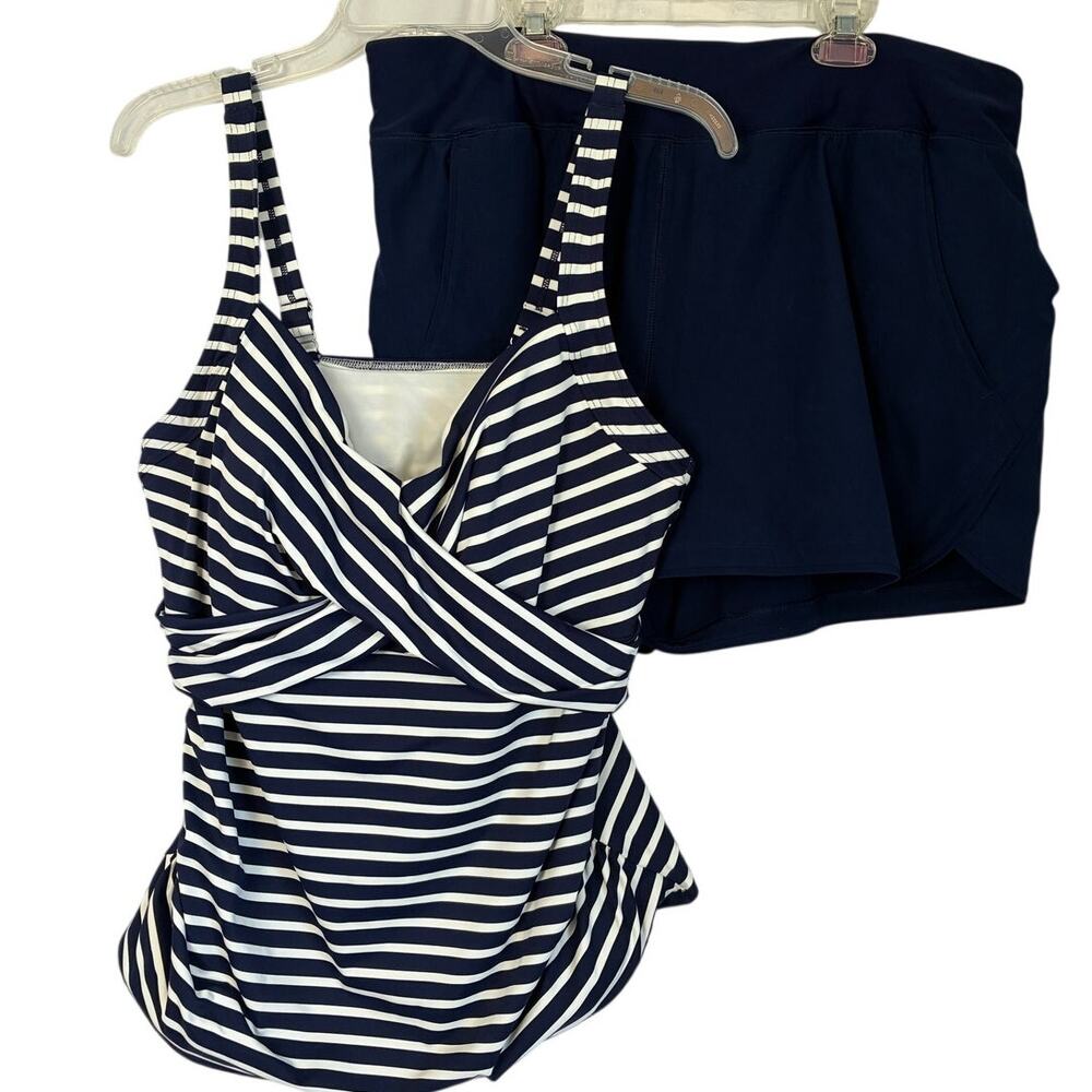Lands End Tankini Swim Shorts Womens 16W DD Blue White Stripe Built-in Bra